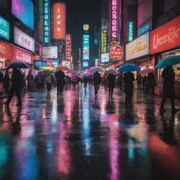 A vibrant city street lit up with neon signs, as rain gently falls, reflecting the lights. People with colorful umbrellas are busily shopping and a subtle image of money floating in puddles on the ground.