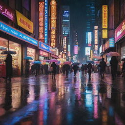 A vibrant city street lit up with neon signs, as rain gently falls, reflecting the lights. People with colorful umbrellas are busily shopping and a subtle image of money floating in puddles on the ground.