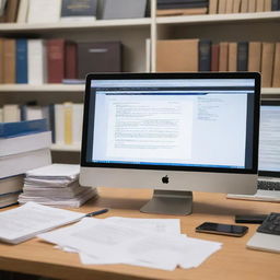 An image of a computer on a desk, surrounded by books and research papers, with a document on the screen depicting article writing and research.