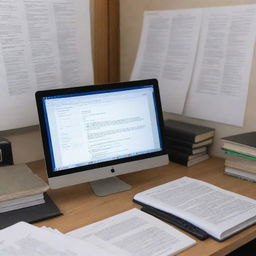 An image of a computer on a desk, surrounded by books and research papers, with a document on the screen depicting article writing and research.