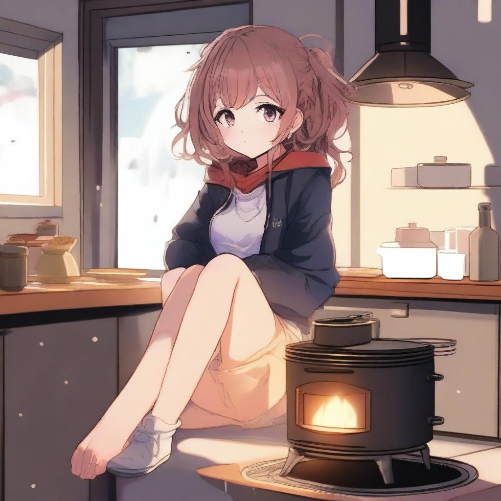 A high-quality digital art illustration showcasing an anime girl nonchalantly perched on an active stove