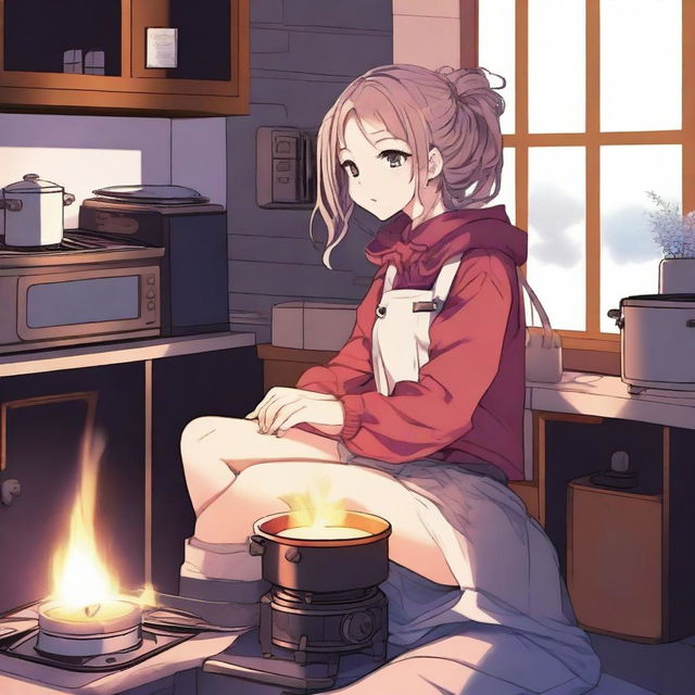 A high-quality digital art illustration showcasing an anime girl nonchalantly perched on an active stove