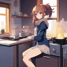 A high-quality digital art illustration showcasing an anime girl nonchalantly perched on an active stove