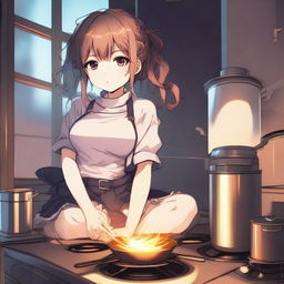 A high-quality digital art illustration showcasing an anime girl nonchalantly perched on an active stove