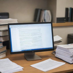 An image of a computer on a desk, surrounded by books and research papers, with a document on the screen depicting article writing and research.