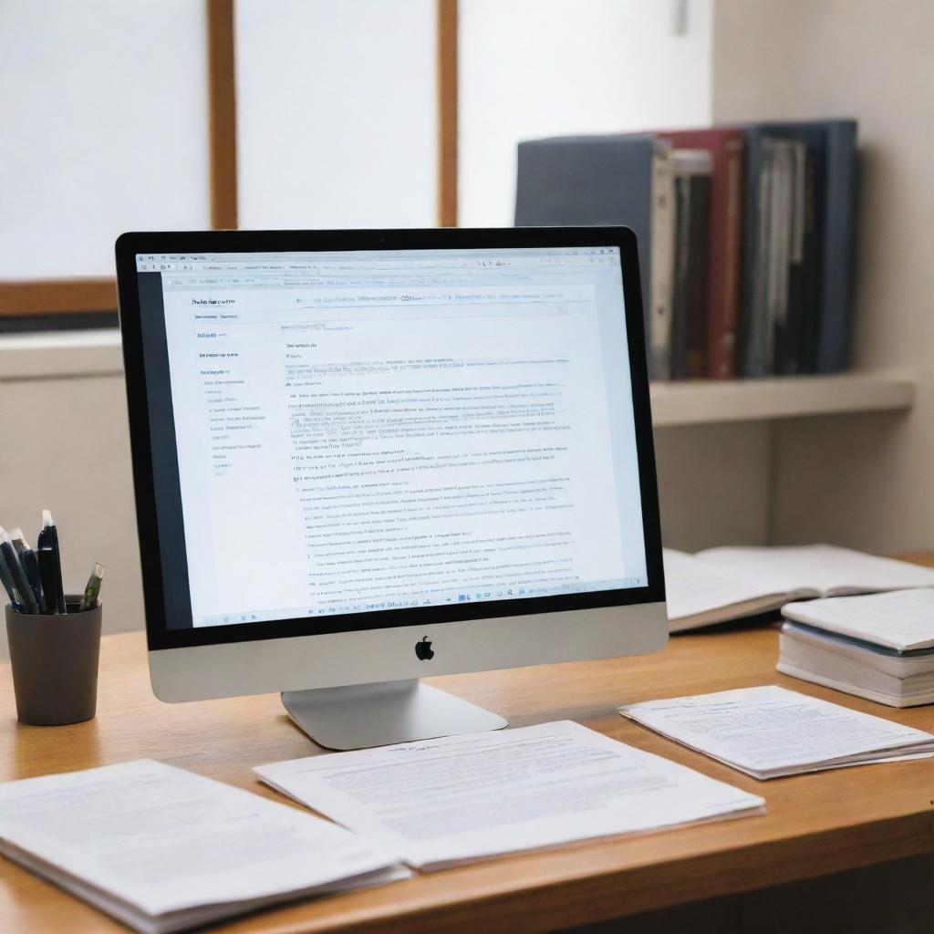 An image of a computer on a desk, surrounded by books and research papers, with a document on the screen depicting article writing and research.