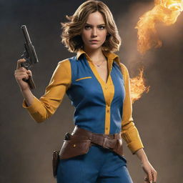 An illustration of a young adult woman donned in an iconic cosplay outfit from Free Fire, retaining the character's unique iconic features. She poses dynamically, embodying the spirit and confidence of the character.