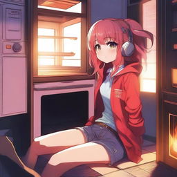 A digital art image depicting an anime girl sitting inside an activated oven