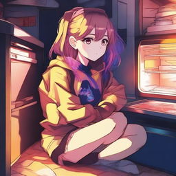 A digital art image depicting an anime girl sitting inside an activated oven