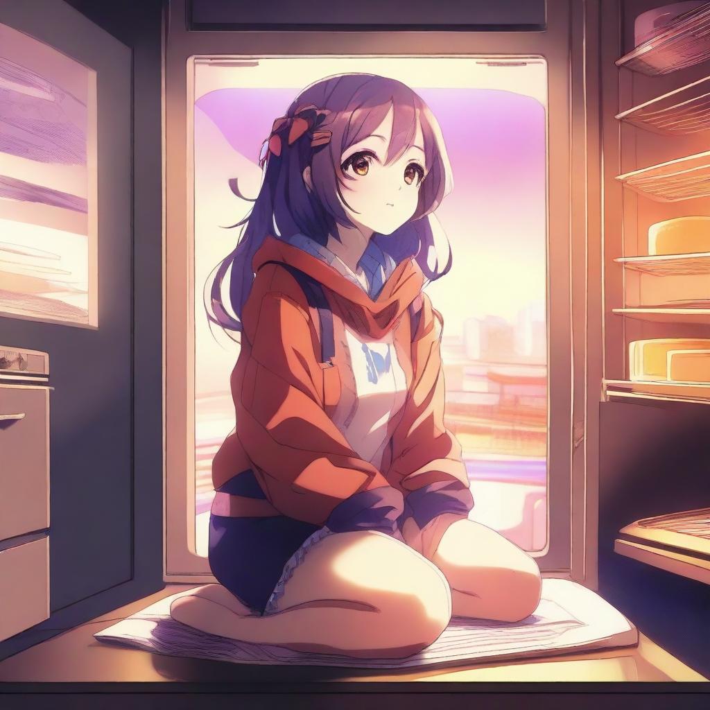 A digital art image depicting an anime girl sitting inside an activated oven