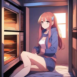 A digital art image depicting an anime girl sitting inside an activated oven