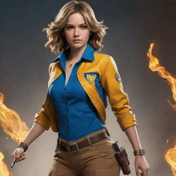 An illustration of a young adult woman donned in an iconic cosplay outfit from Free Fire, retaining the character's unique iconic features. She poses dynamically, embodying the spirit and confidence of the character.