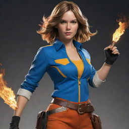 An illustration of a young adult woman donned in an iconic cosplay outfit from Free Fire, retaining the character's unique iconic features. She poses dynamically, embodying the spirit and confidence of the character.