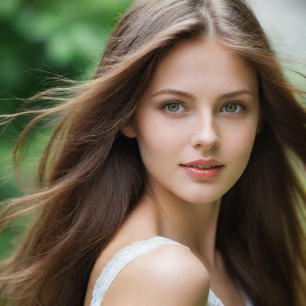 A girl with long flowing brown hair and vibrant green eyes, capturing her youthful vitality and charm.