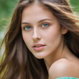 A girl with long flowing brown hair and vibrant green eyes, capturing her youthful vitality and charm.