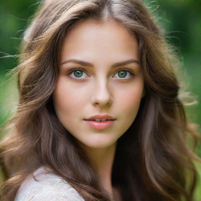 A girl with long flowing brown hair and vibrant green eyes, capturing her youthful vitality and charm.