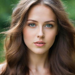 A girl with long flowing brown hair and vibrant green eyes, capturing her youthful vitality and charm.