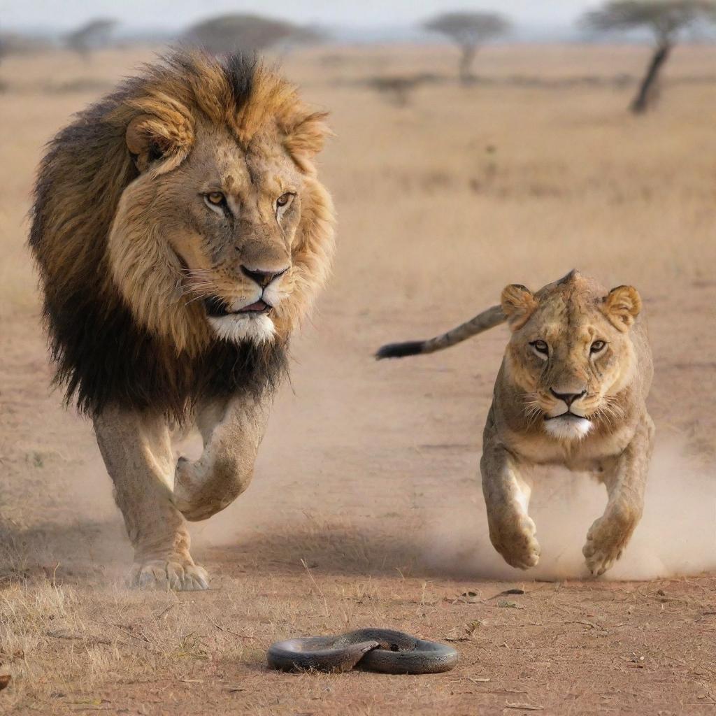 An intense scene of a cobra poised in attack position, facing a fierce lion in a vast savannah