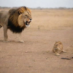 An intense scene of a cobra poised in attack position, facing a fierce lion in a vast savannah