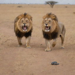 An intense scene of a cobra poised in attack position, facing a fierce lion in a vast savannah