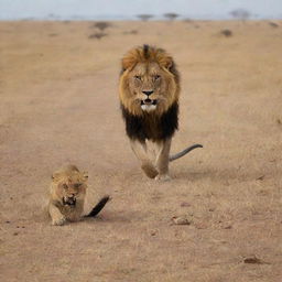 An intense scene of a cobra poised in attack position, facing a fierce lion in a vast savannah