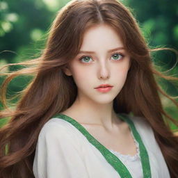 A girl in anime style, showcasing long flowing brown hair and captivating green eyes, immersed in dream-like aesthetics.