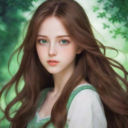 A girl in anime style, showcasing long flowing brown hair and captivating green eyes, immersed in dream-like aesthetics.