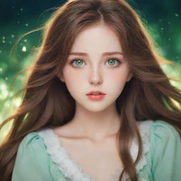 A girl in anime style, showcasing long flowing brown hair and captivating green eyes, immersed in dream-like aesthetics.