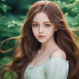 A girl in anime style, showcasing long flowing brown hair and captivating green eyes, immersed in dream-like aesthetics.