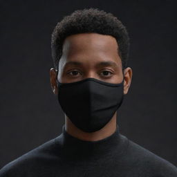 Create a 3D image of a Black man with very short hair, wearing a black sweater and black mask, in an animated background