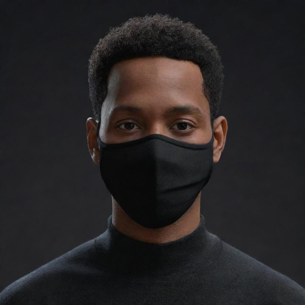 Create a 3D image of a Black man with very short hair, wearing a black sweater and black mask, in an animated background