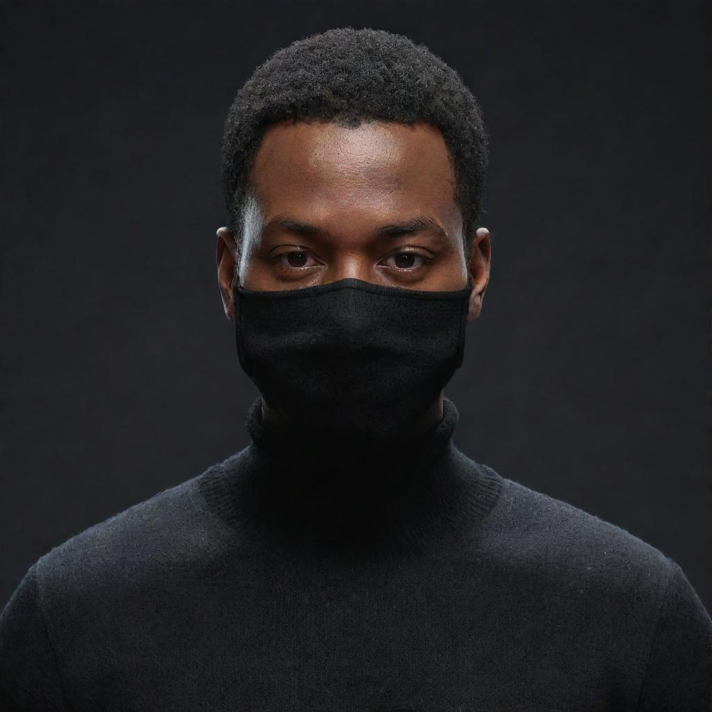 Create a 3D image of a Black man with very short hair, wearing a black sweater and black mask, in an animated background