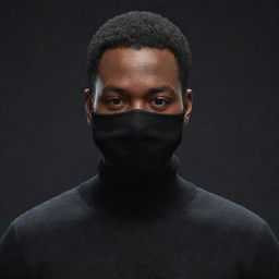 Create a 3D image of a Black man with very short hair, wearing a black sweater and black mask, in an animated background