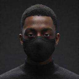 Create a 3D image of a Black man with very short hair, wearing a black sweater and black mask, in an animated background