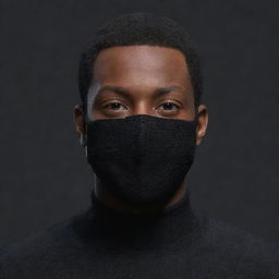 Create a 3D image of a Black man with very short hair, wearing a black sweater and black mask, in an animated background