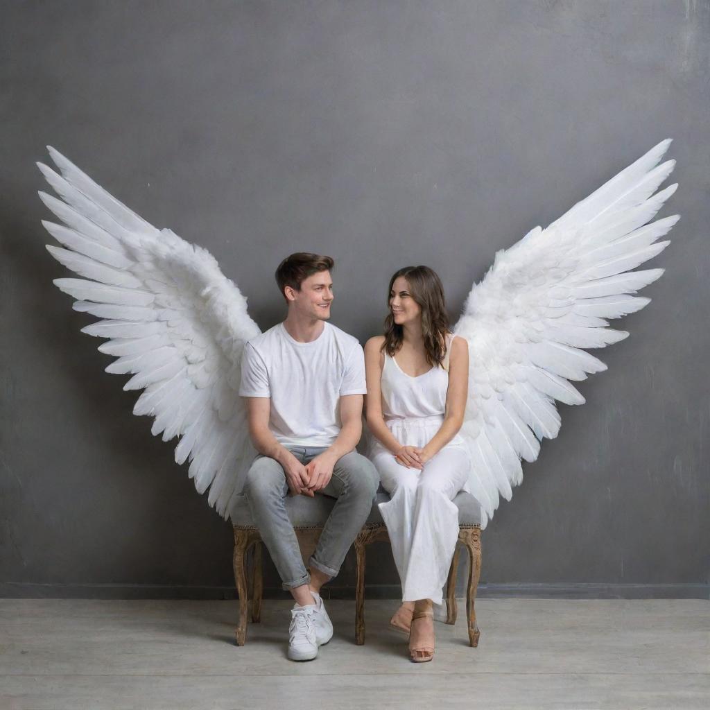 A realistic image of a 25-year-old boy and a 20-year-old girl sitting together on a couple's chair, both adorned with ethereal white wings. Their backdrop is a minimalist gray wall.