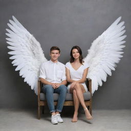 A realistic image of a 25-year-old boy and a 20-year-old girl sitting together on a couple's chair, both adorned with ethereal white wings. Their backdrop is a minimalist gray wall.