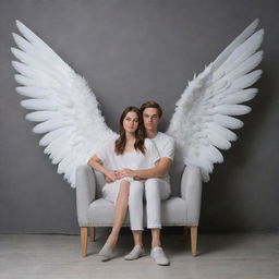 A realistic image of a 25-year-old boy and a 20-year-old girl sitting together on a couple's chair, both adorned with ethereal white wings. Their backdrop is a minimalist gray wall.