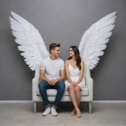 A realistic image of a 25-year-old boy and a 20-year-old girl sitting together on a couple's chair, both adorned with ethereal white wings. Their backdrop is a minimalist gray wall.