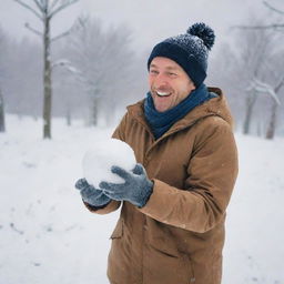 A man standing in a snowy landscape playfully preparing a snowball with a joyful expression on his face.