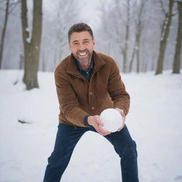 A man standing in a snowy landscape playfully preparing a snowball with a joyful expression on his face.