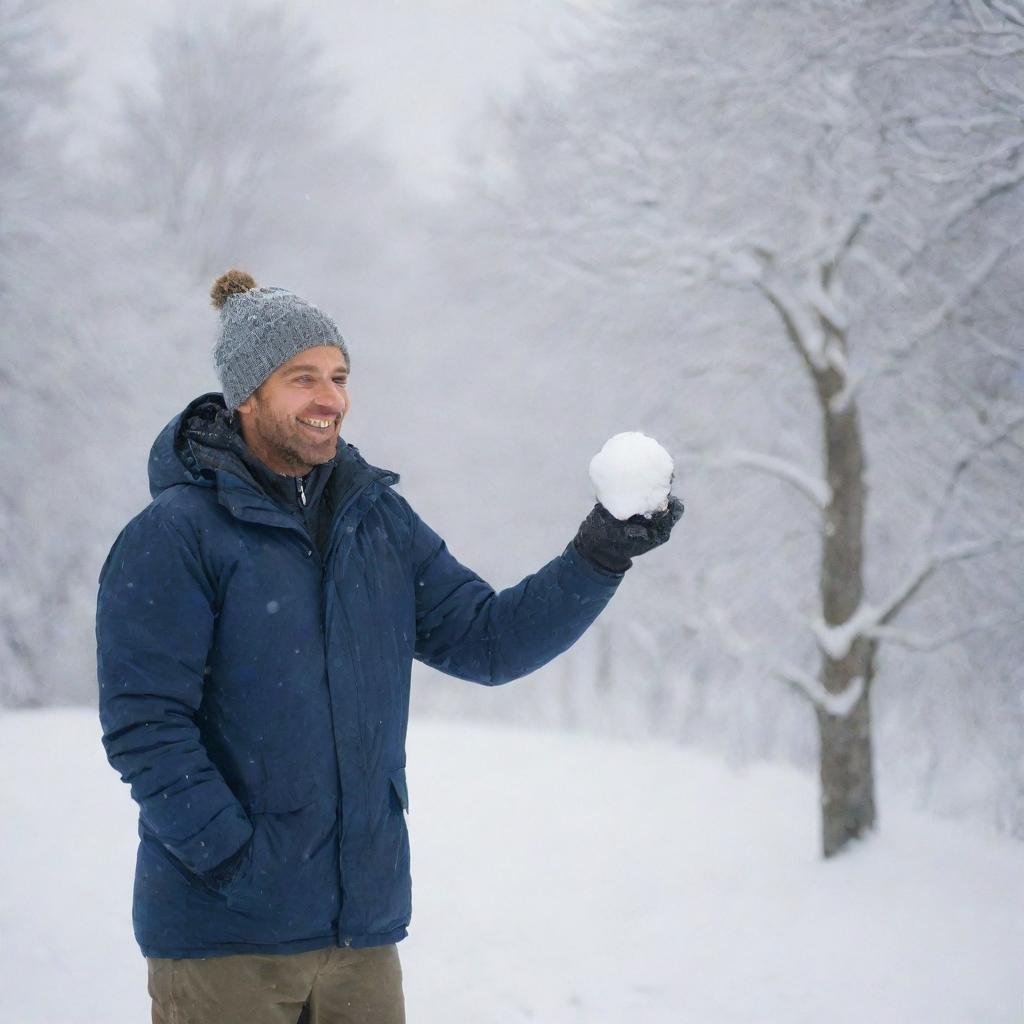 A man standing in a snowy landscape playfully preparing a snowball with a joyful expression on his face.