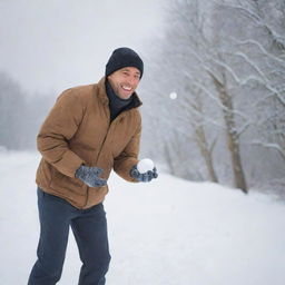 A man standing in a snowy landscape playfully preparing a snowball with a joyful expression on his face.