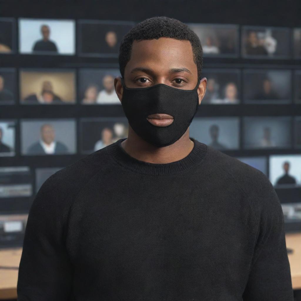 Generate an image of a cartoon Black man with very short hair, wearing a black sweater and black mask, standing in a background filled with cameras and video editing equipment