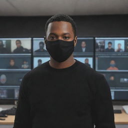 Generate an image of a cartoon Black man with very short hair, wearing a black sweater and black mask, standing in a background filled with cameras and video editing equipment