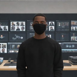 Generate an image of a cartoon Black man with very short hair, wearing a black sweater and black mask, standing in a background filled with cameras and video editing equipment