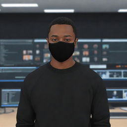 Generate an image of a cartoon Black man with very short hair, wearing a black sweater and black mask, standing in a background filled with cameras and video editing equipment