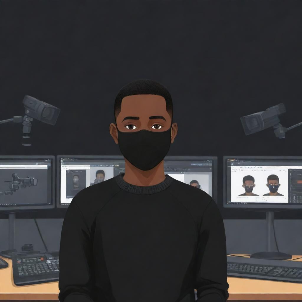 Illustrate a cartoon-style Black man with very short hair, wearing a black sweater and black mask, in a cartoon background full of cameras and video editing equipment