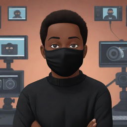 Illustrate a cartoon-style Black man with very short hair, wearing a black sweater and black mask, in a cartoon background full of cameras and video editing equipment