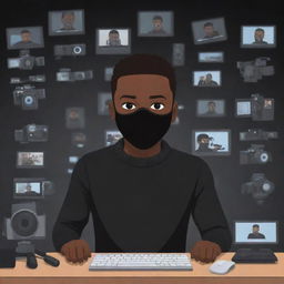 Illustrate a cartoon-style Black man with very short hair, wearing a black sweater and black mask, in a cartoon background full of cameras and video editing equipment